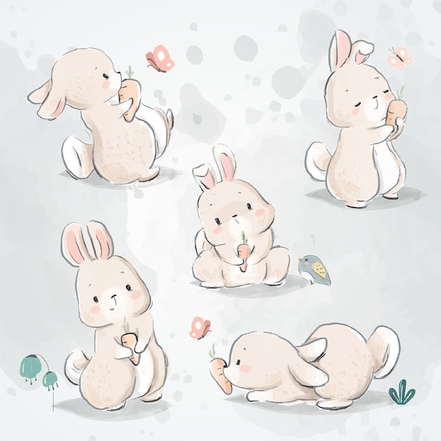 Conjunto de doodle de coelho e cenoura