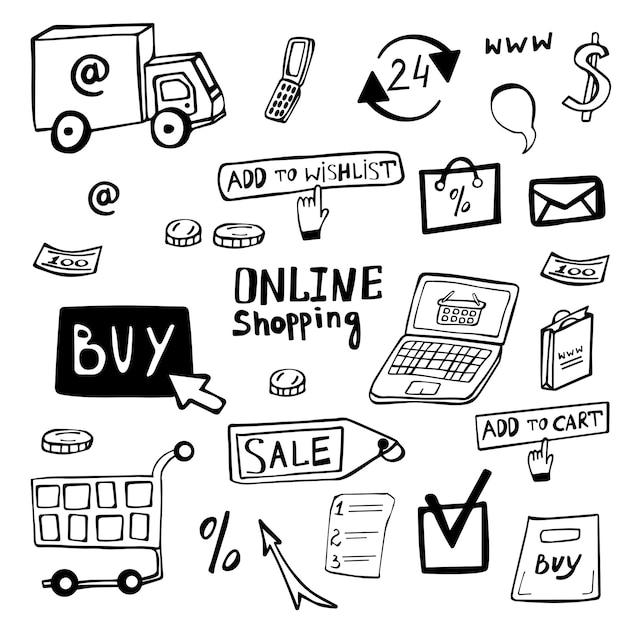 Conjunto de doodle de compras online desenhado à mão