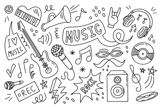 Conjunto de doodle de contorno de música elementos isolados