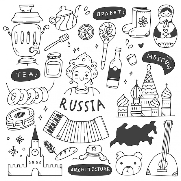 Conjunto de doodle de destino de viagem rusia