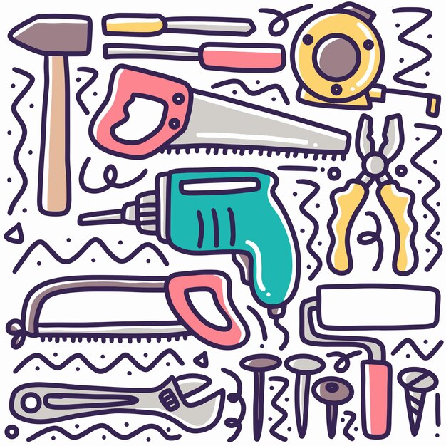 Vetor conjunto de doodle de equipamento de construtor desenhado à mão com ícones e elementos de design