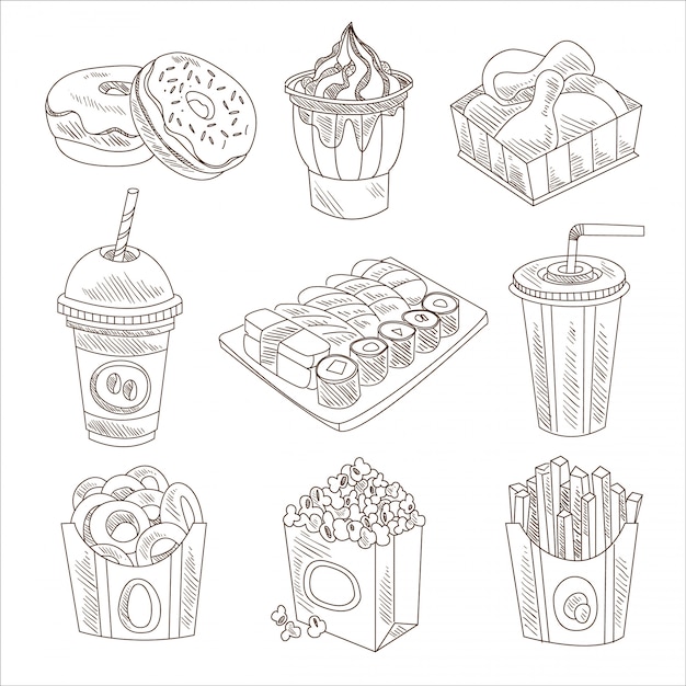 Conjunto de doodle de fast-food