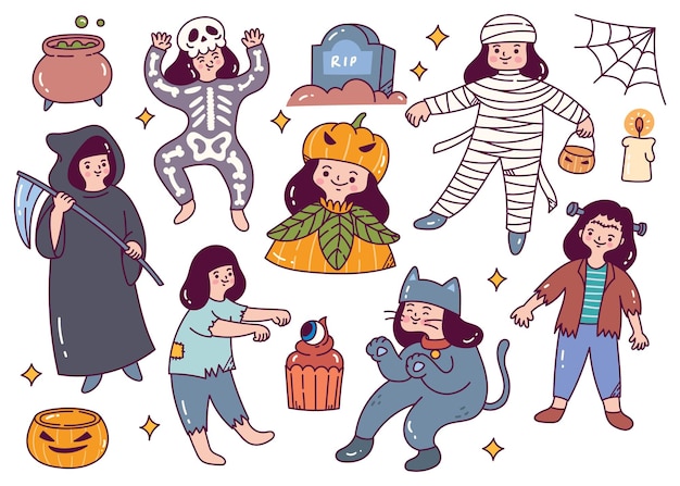 Conjunto de doodle de festa de halloween dos desenhos animados. ilustração vetorial