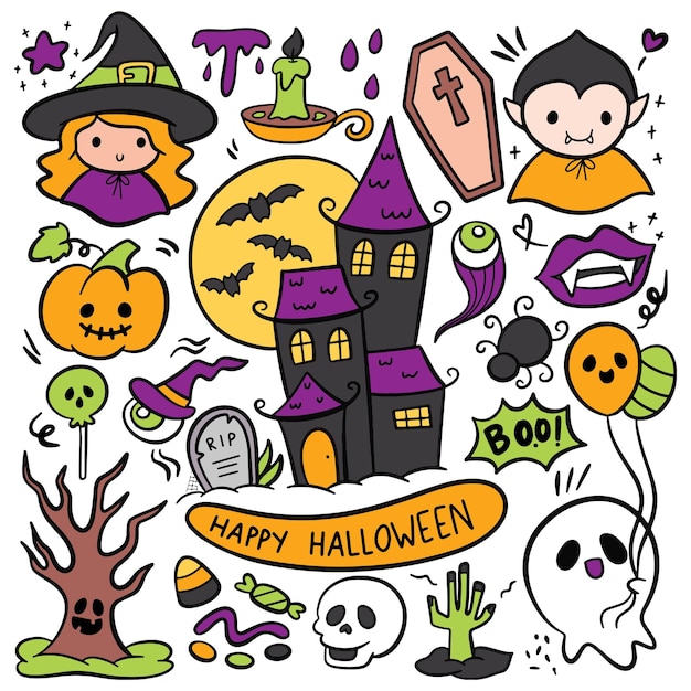 Conjunto de doodle de festa de halloween dos desenhos animados. ilustração vetorial