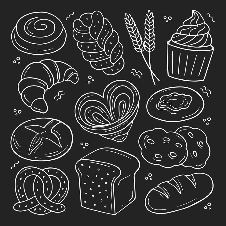 Vetor conjunto de doodle de padaria desenhados à mão.