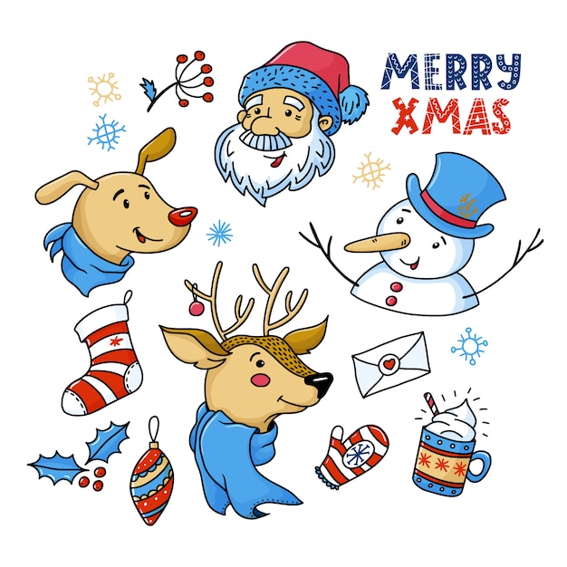 Conjunto de doodle de personagens fofinhos de natal e coisas