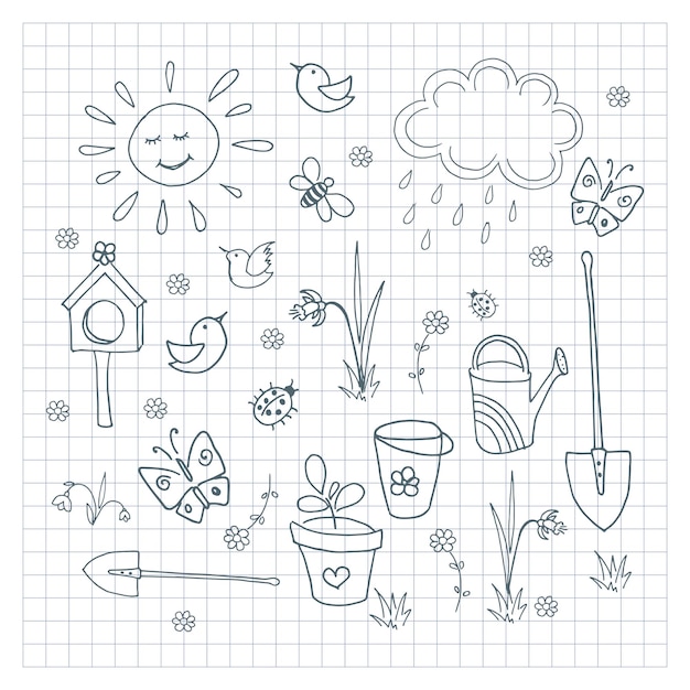 Conjunto de doodle de primavera. coleção de elementos bonitos simples desenhados à mão. ilustrações vetoriais.