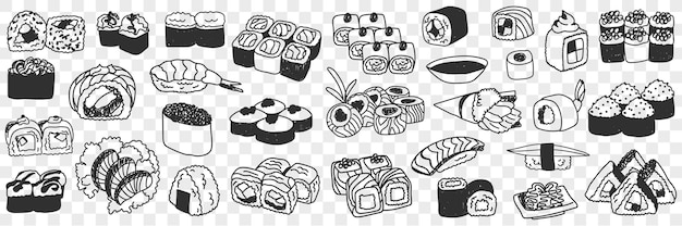 Vetor conjunto de doodle de sushi e rolos