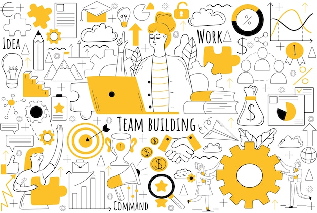 Conjunto de doodle de team building. coleção de rabiscos desenhados à mão.