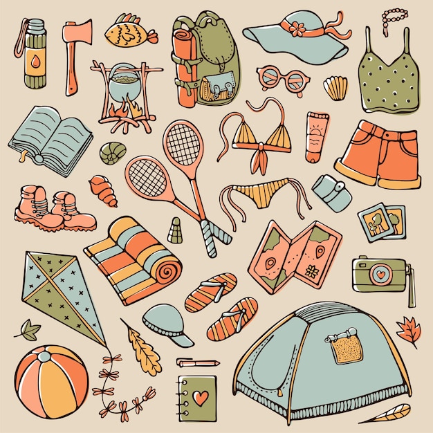 Conjunto de doodle de turismo de verão e elementos de acampamento