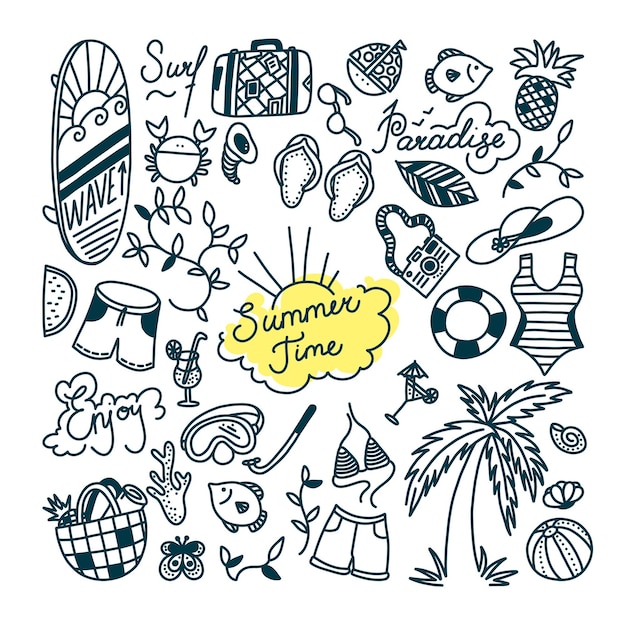 Conjunto de doodle de verão. Esportes aquáticos, relaxamento e objetos de férias tropicais. Ilustração vetorial