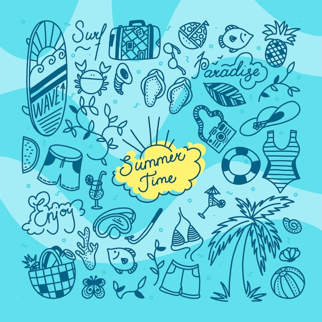 Conjunto de doodle de verão. esportes aquáticos, relaxar e objetos de férias tropicais. ilustração vetorial