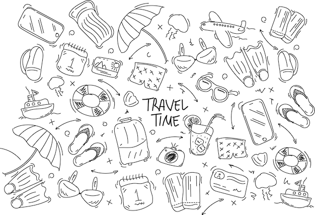 Conjunto de doodle de viagem desenhado à mão. ilustração. esboço de turismo e verão com bússola de elementos de viagem, biquíni, óculos de sol, câmera, coquetel, bilhete.