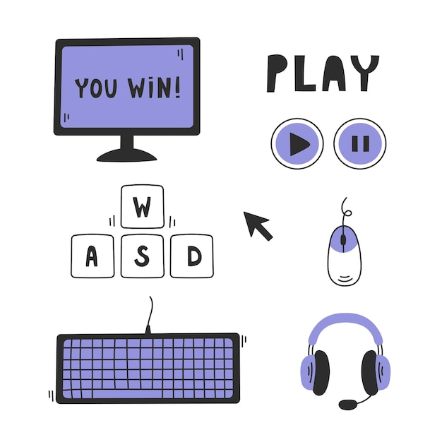 Vetor conjunto de doodle de videogame de computador