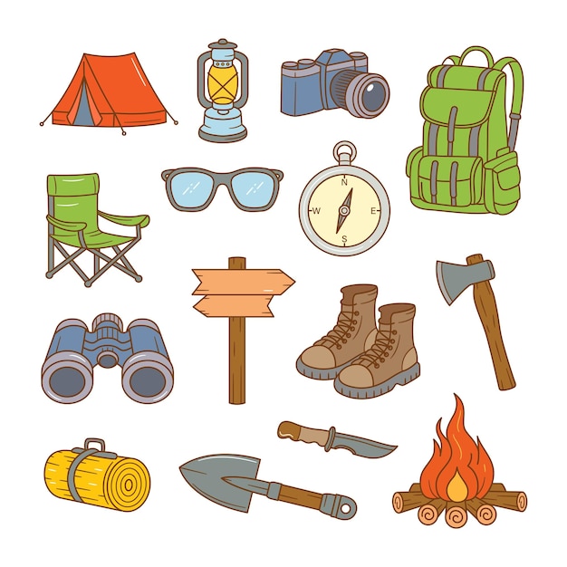 Conjunto de doodle desenhado à mão de acampamento e aventura de ilustração de desenho animado vetorial