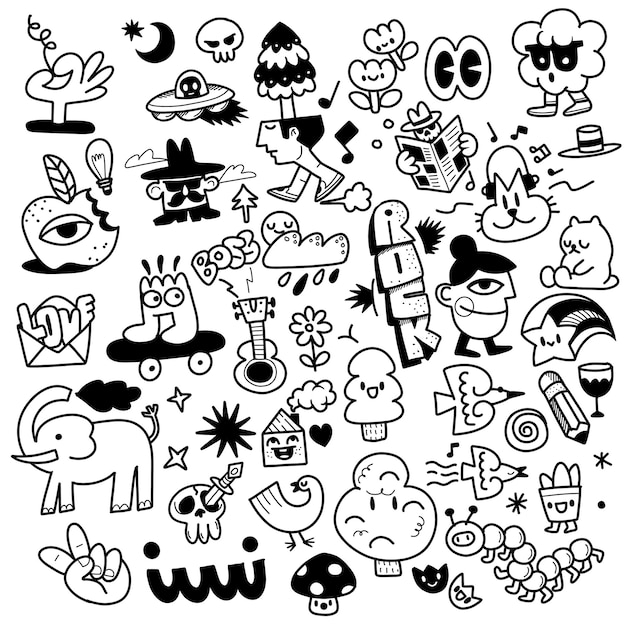 Mão desenhada coleção de doodle kawaii pessoas, comida, animais, moda, etc.