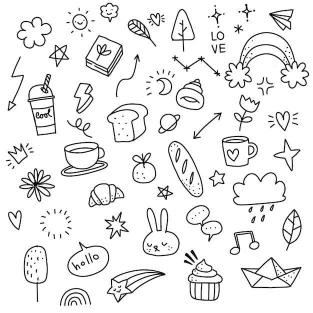 conjunto de doodle desenhado à mão fofo amor coisa fofa animais fofos e coleção de design criativo ilustração