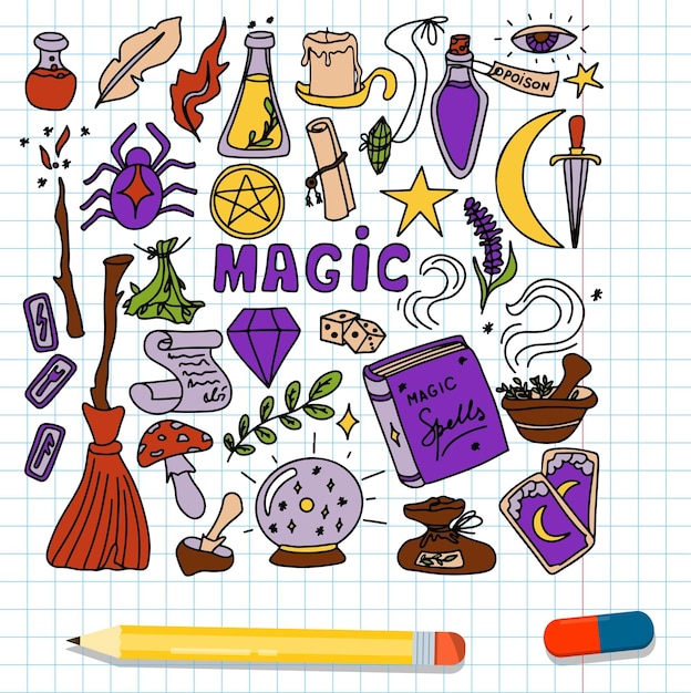 Conjunto de doodle desenhado à mão mágica ícones vetoriais da coleção de itens mágicos elementos de halloween po de vassoura mágica...