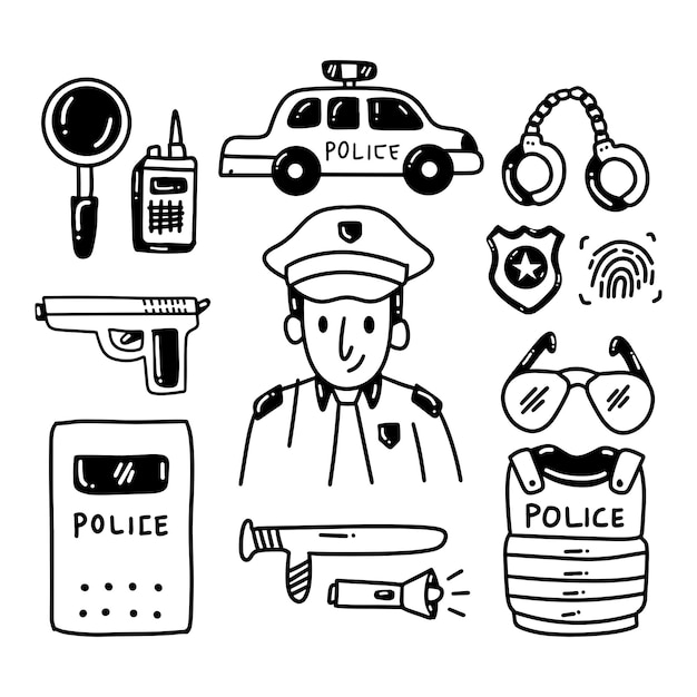 Conjunto de doodle desenhado à mão policial bonito