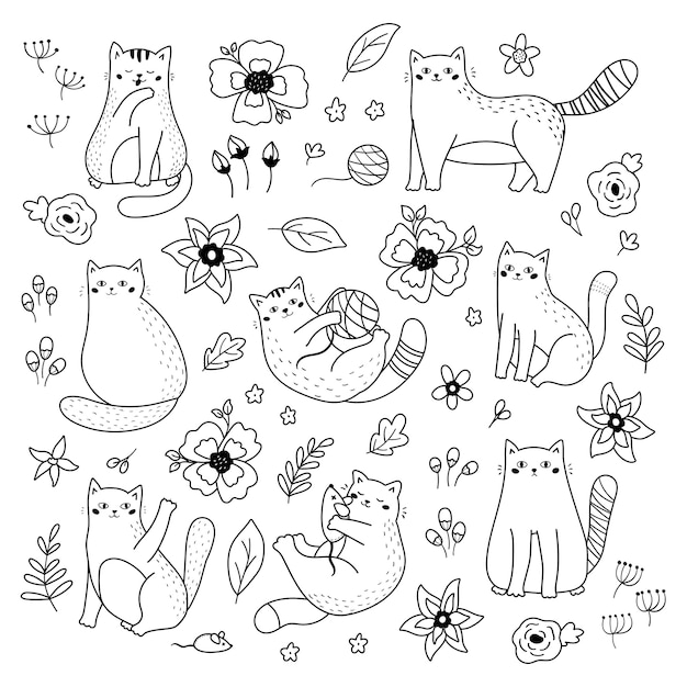 doodle antistress para colorir com gato no copo. flores abstratas, frutas e  doces. gatinho kawaii dos desenhos animados. delinear a ilustração em vetor  preto e branco. hora do chá. livro de colorir