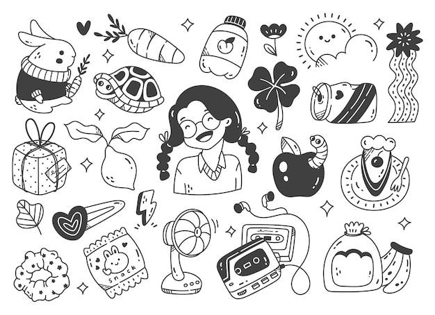 Mão desenhada coleção de doodle kawaii pessoas, comida, animais, moda, etc.