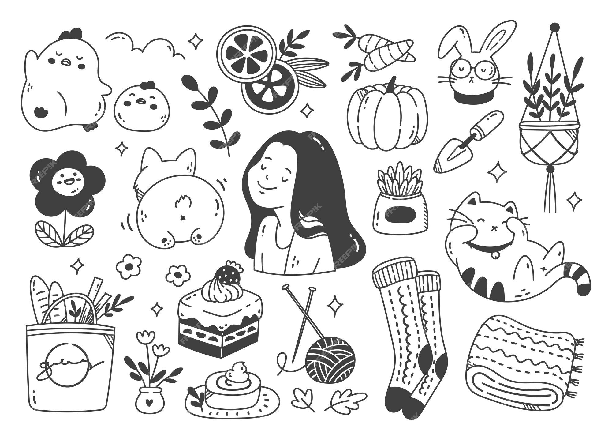 Mão desenhada coleção de doodle kawaii pessoas, comida, animal, etc.