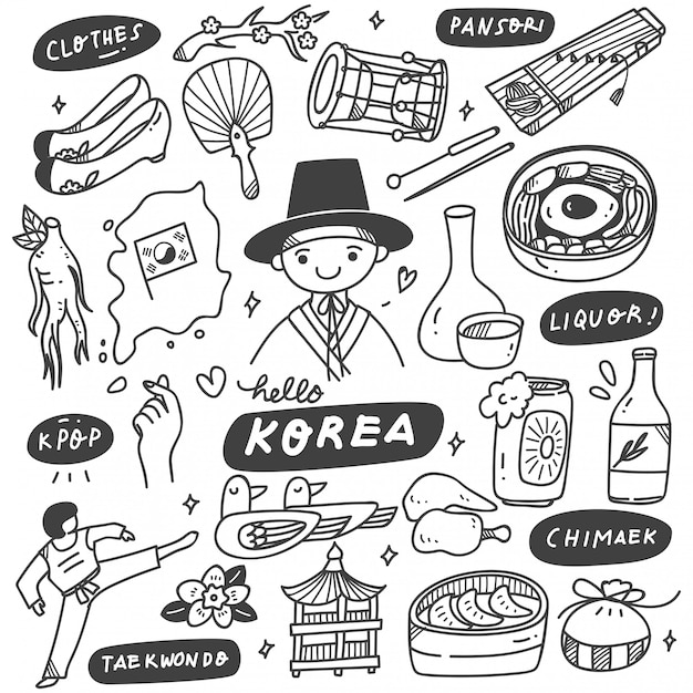 Vetor conjunto de doodle mão desenhada coreia