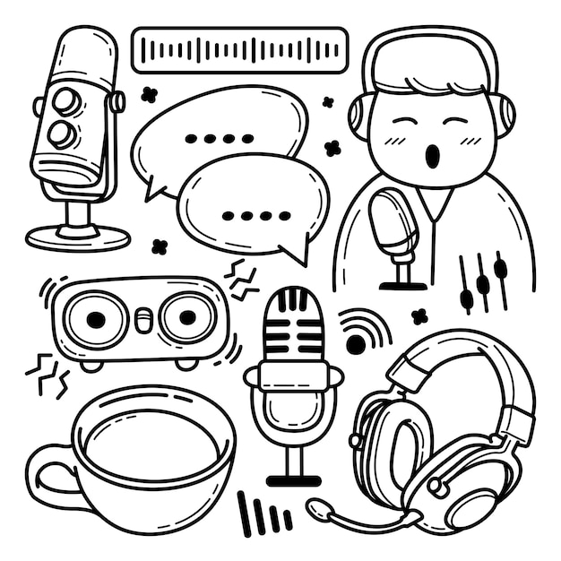 Conjunto de doodle mão desenhada podcast