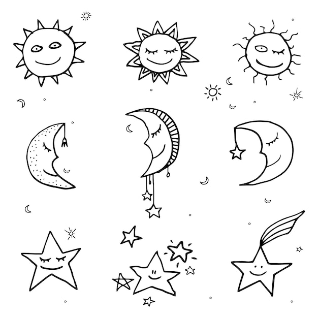 Conjunto de doodle sol lua e estrelas