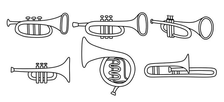 Vetor conjunto de doodle trompete instrumento musical de cordas clássicas