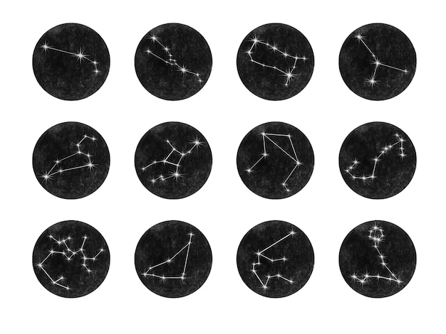 Conjunto de doze ícones do zodíaco em aquarela sobre fundo preto escuro