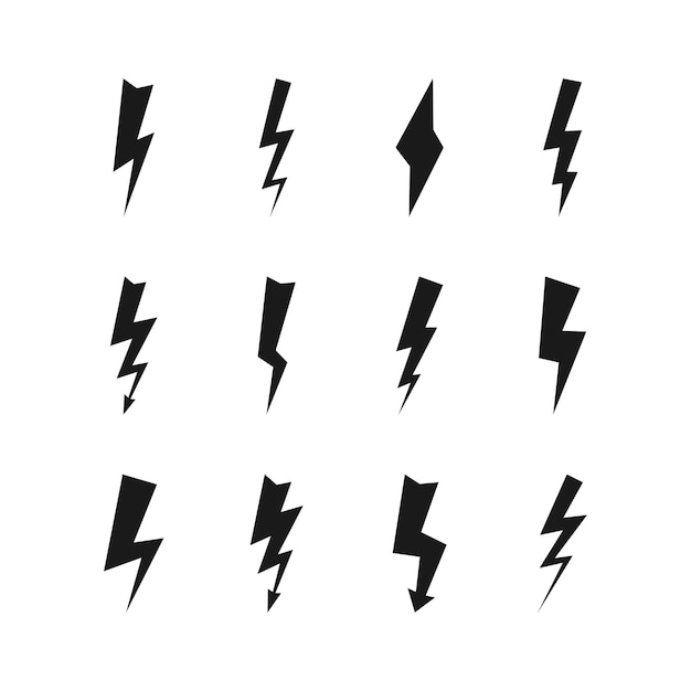 Conjunto de doze tempestades escuras. ícones pretos de raio e alta tensão sobre fundo branco. ilustração vetorial.