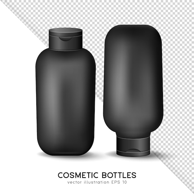 Vetor conjunto de duas garrafas de cosméticos. modelo de tubos 3d preto fosco para design. maquete de produto cosmético