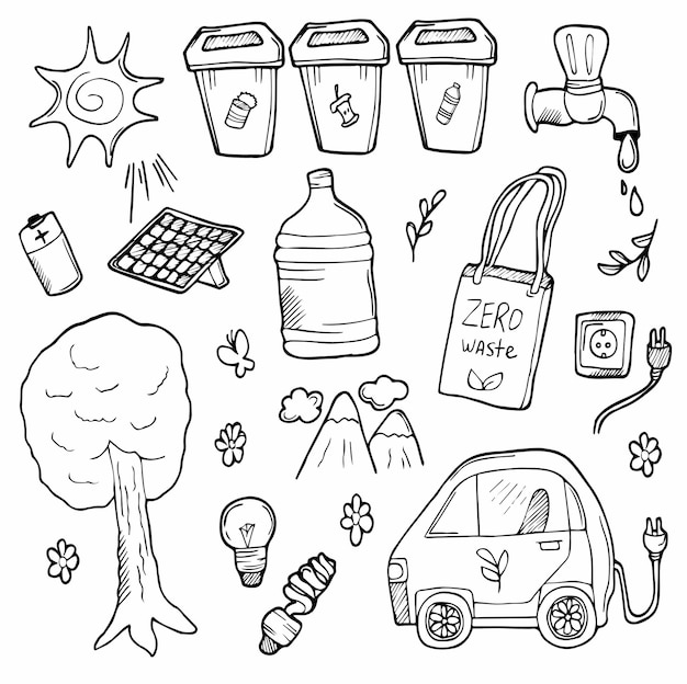 Conjunto de ecologia doodle projeto desenhado à mão ilustração vetorial problema de ecologia conceito de dia da terra