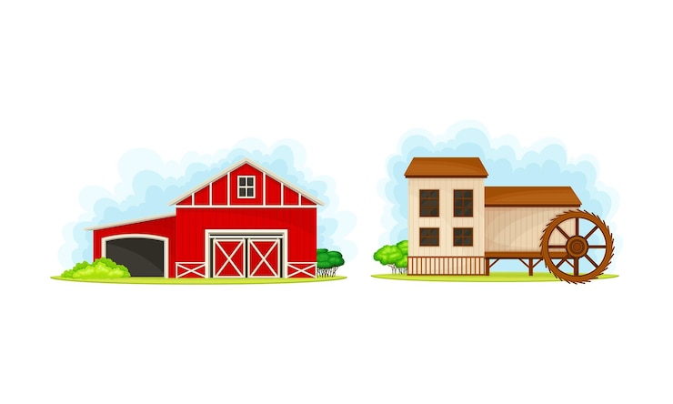 Vetor conjunto de edifícios agrícolas rurais ilustração vetorial de celeiro de madeira vermelho e casa de fazenda