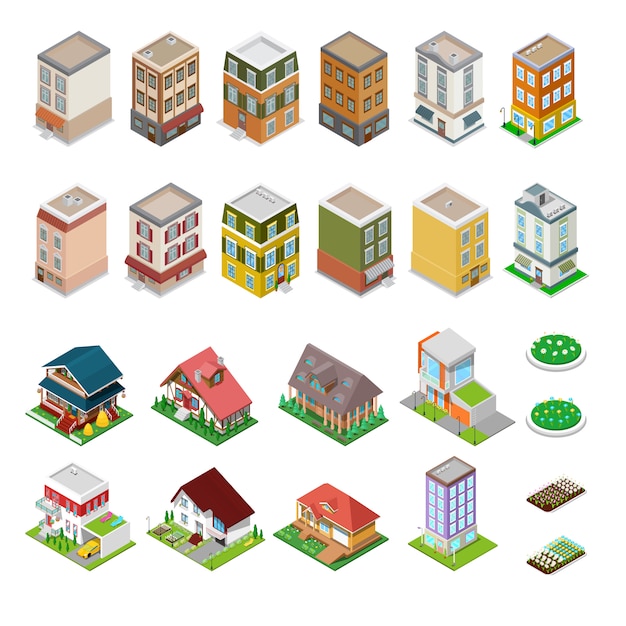 Conjunto de edifícios da cidade isométrica. Casas modernas com flores. ilustração