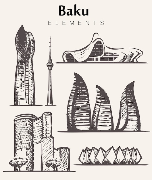Conjunto de edifícios de baku desenhados à mão. desenho de elementos de baku. ocar, flame, maiden, torres de tv de baku, centro heydar aliyev.