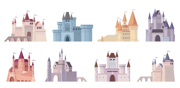 Vetor conjunto de edifícios de palácio de castelos medievais de desenho animado