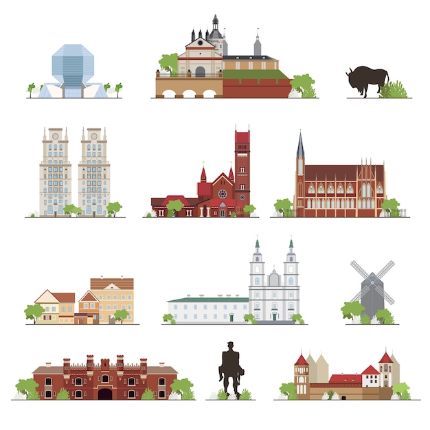 Conjunto de edifícios do país bielorrússia, lugares famosos em estilo simples. coleção de ilustração.