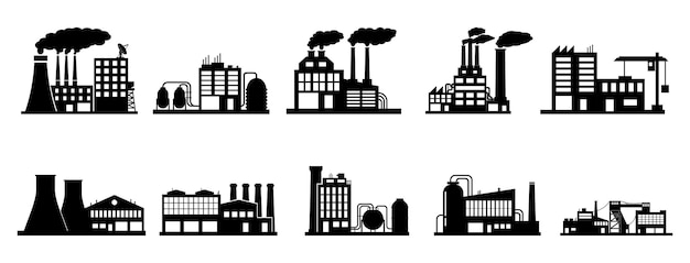 Conjunto de edifícios industriais em um fundo branco Silhuetas negras de plantas e fábricas