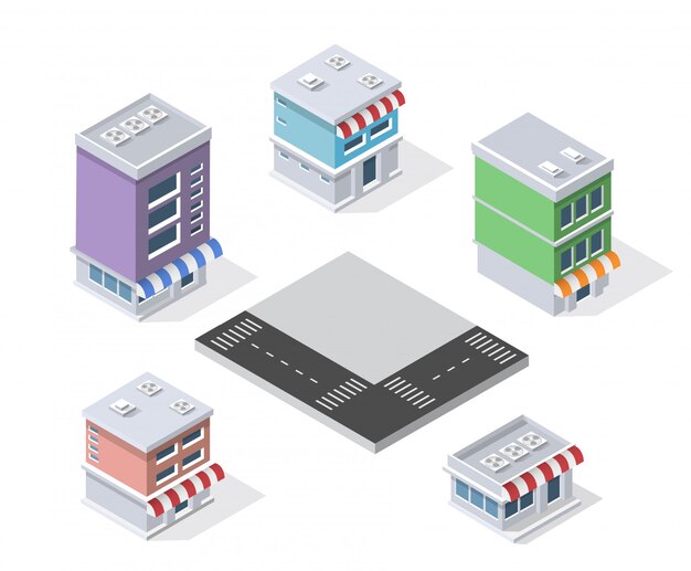 Vetor conjunto de edifícios isométricos modernos