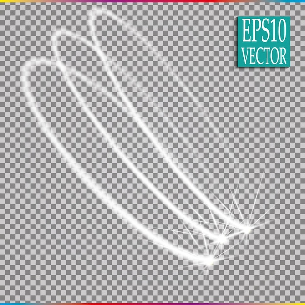 Conjunto de efeito de trilha de redemoinho de faísca brilhante mágica isolado em fundo transparente linha de onda de brilho bokeh com luzes de flash cintilantes voadoras ilustração vetorial