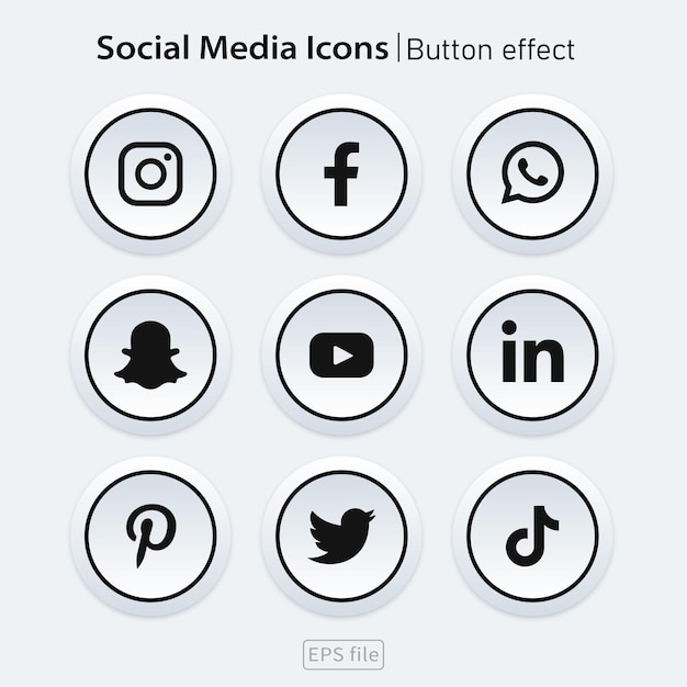 Vetor conjunto de efeitos de botão de ícones 3d brancos de mídia social popular
