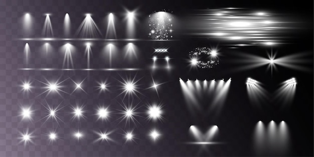 Conjunto de efeitos de holofotes de luz explosão de reflexo de lente faísca linha de poeira brilho solar faísca e estrelas
