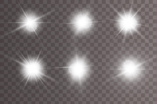 Conjunto de efeitos de luz luminosa isolado. lens flares, estrelas e coleção de faíscas.