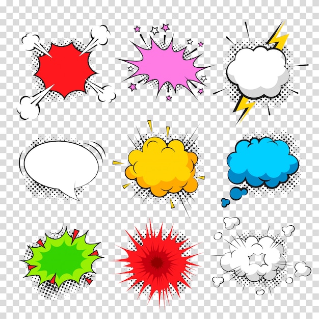 conjunto de efeitos sonoros em quadrinhos em branco ou vazios. Bolhas do discurso de quadrinhos desenhos animados para frases diferentes.
