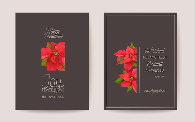 Conjunto de elegante feliz natal e ano novo cartão com flores realistas de poinsétia, grinalda floral. plantas de inverno 3d projetam ilustração para saudações, convite, folheto, brochura, capa em vetor