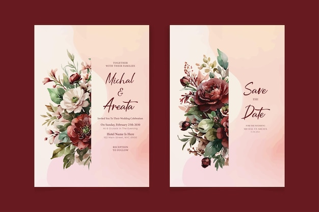 Conjunto de elegante modelo de cartão de convite de casamento a aquarela com flores de cor vermelha escura