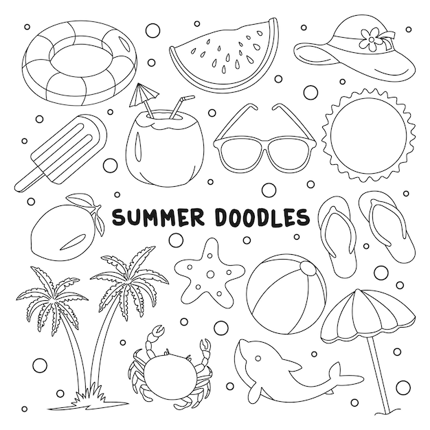 Conjunto de elemento de ilustração vetorial de doodle de praia de verão