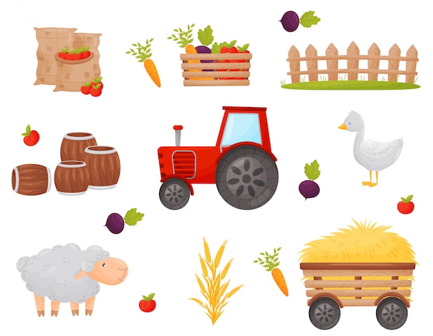 Conjunto de elemento do agricultor. legumes e animais da fazenda. ilustrações.